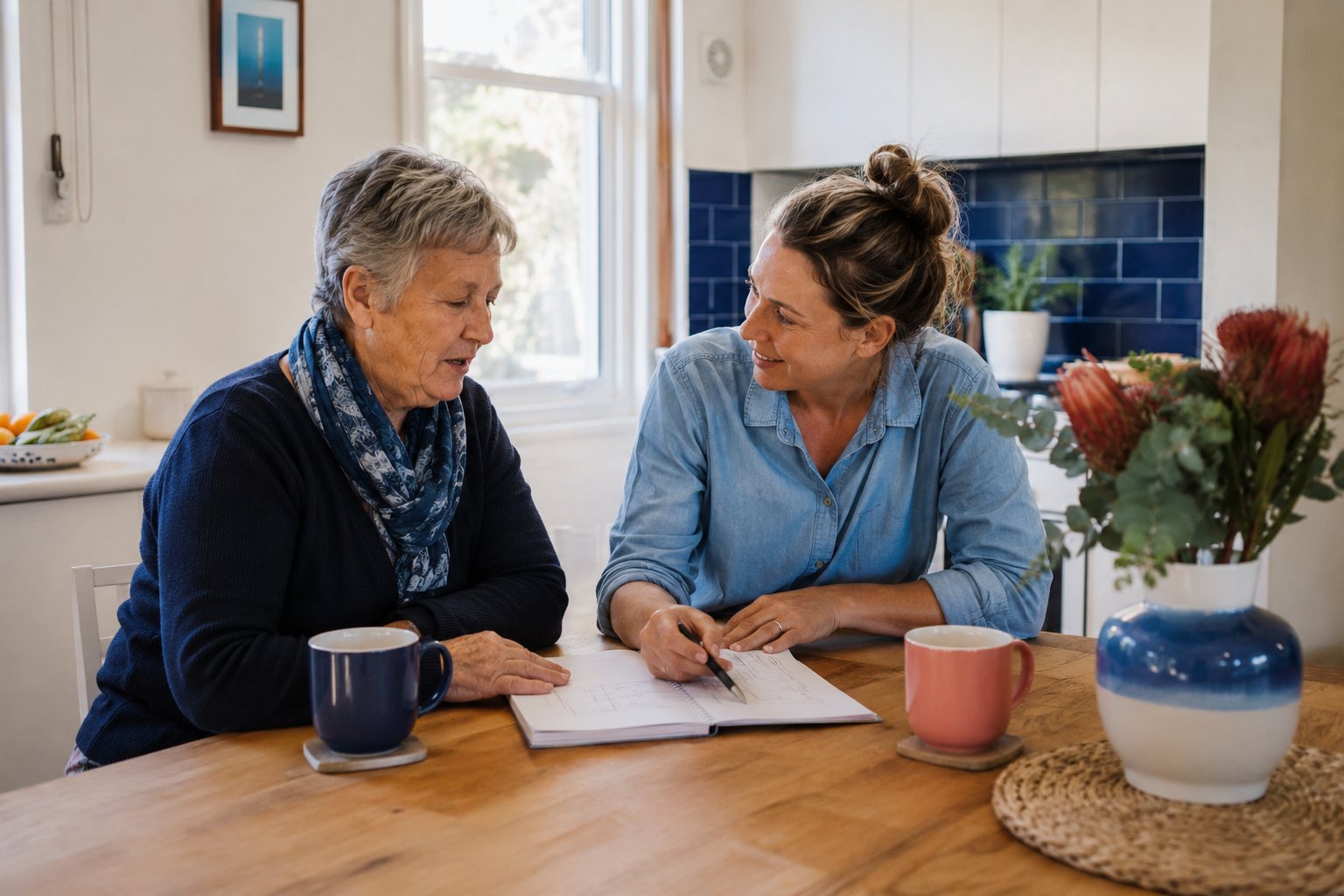 A support worker and older adult reviewing notes at a kitchen table